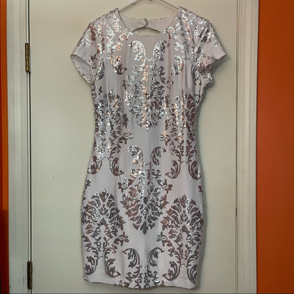 White & Silver Sparkling cocktail dress with cap sleeves